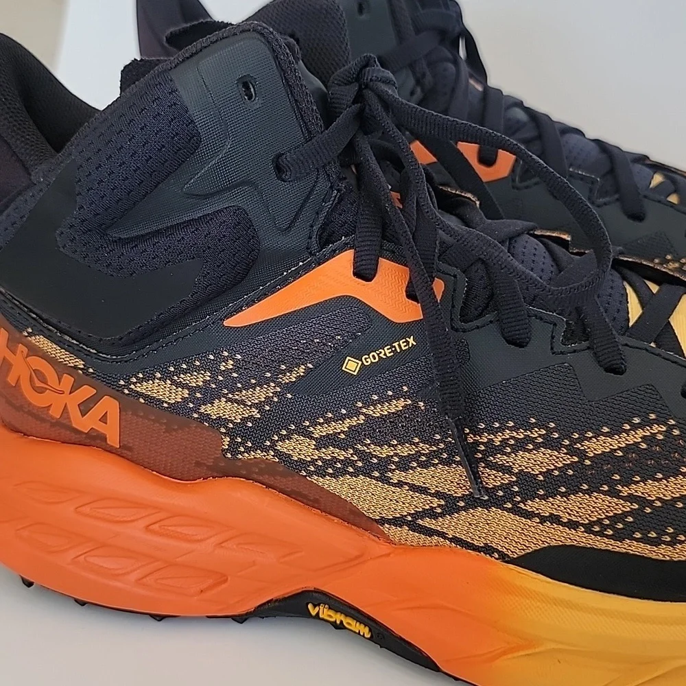 Hoka Speedgoat 5 Mid GTX Gore-Tex WATERPROOF Hiking Boots Black / Orange Yellow - Picture 11 of 12